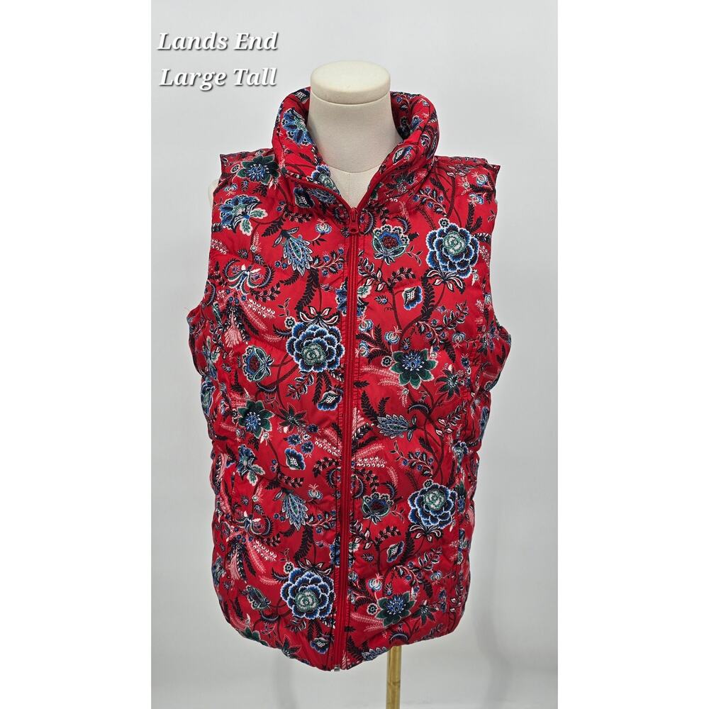 Lands’ End Red Floral‎ Quilted Puffer Vest